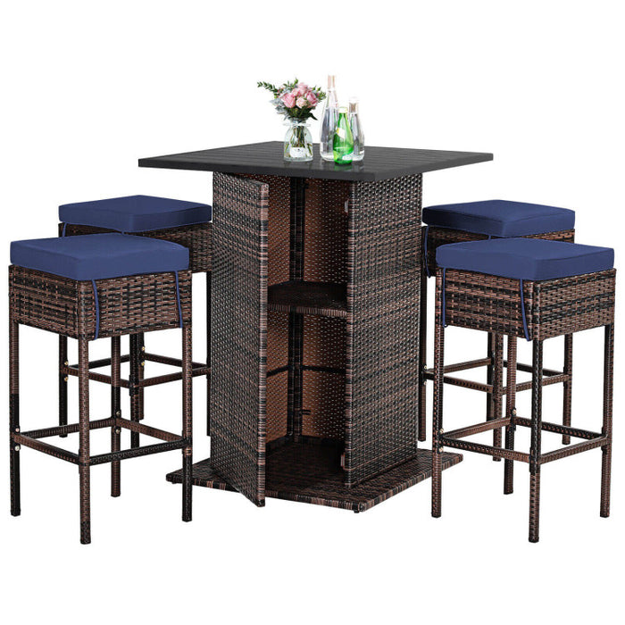 5 Pieces Patio Rattan Cushioned Bar Furniture Set/Navy