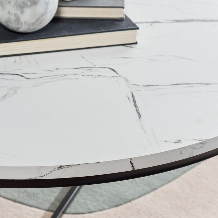 Pia Marble Coffee Table/ White Faux Marble Top/ Black Legs