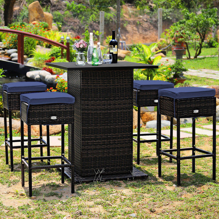 5 Pieces Patio Rattan Cushioned Bar Furniture Set/Navy