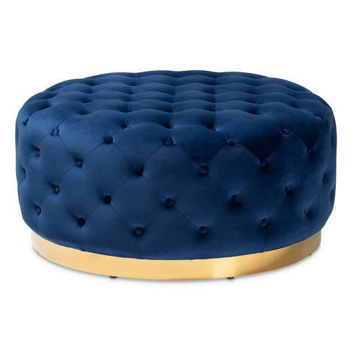 Sasha Royal Blue Velvet Upholstered Round Ottoman - Cool Stuff & Accessories