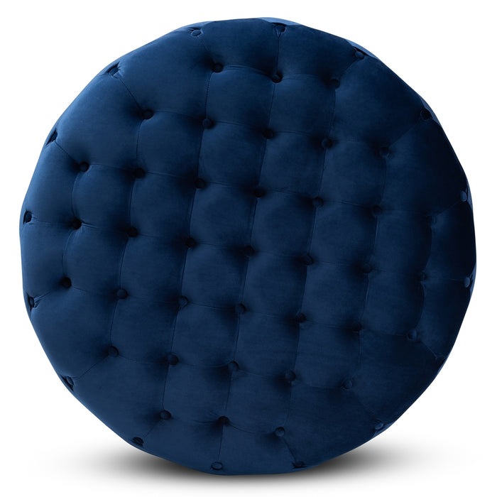 Sasha Royal Blue Velvet Upholstered Round Ottoman - Cool Stuff & Accessories