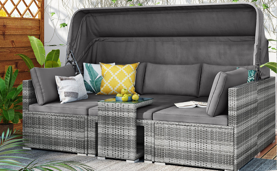 5 Pieces Outdoor Sectional Patio Rattan Sofa Set Rattan Daybed/Grey