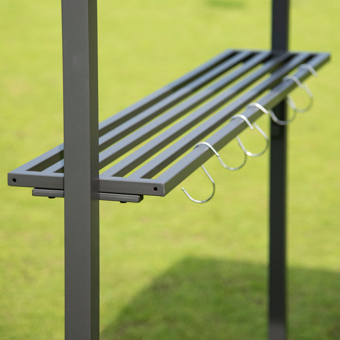 Iron Double Tiered Backyard Patio BBQ Grill Gazebo with Side Awning, Gray