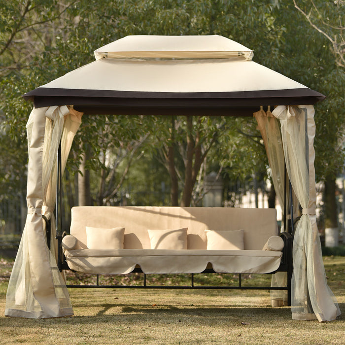 Outdoor Gazebo with Convertible Swing Bench, Beige