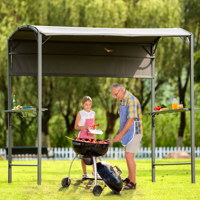 Iron Double Tiered Backyard Patio BBQ Grill Gazebo with Side Awning, Gray