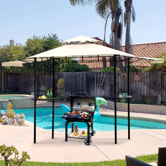 Iron Double Tiered Backyard Patio BBQ Grill Gazebo with Bar Counters, Beige