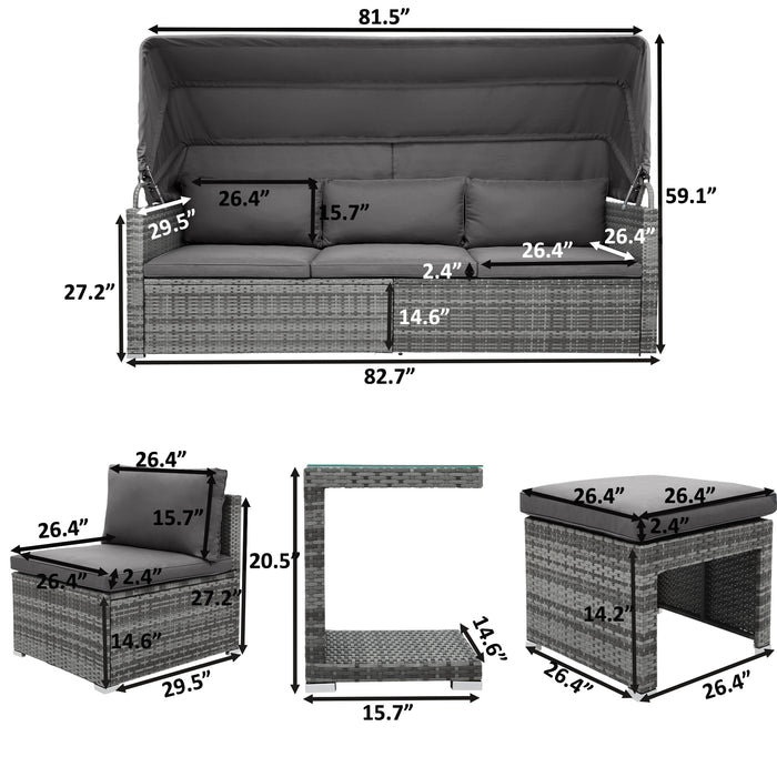 5 Pieces Outdoor Sectional Patio Rattan Sofa Set Rattan Daybed/Grey