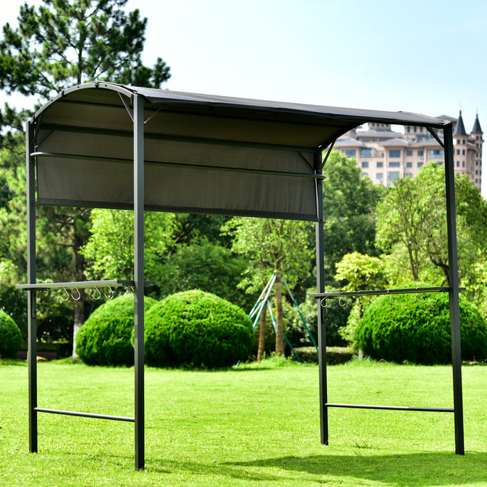 Iron Double Tiered Backyard Patio BBQ Grill Gazebo with Side Awning, Gray