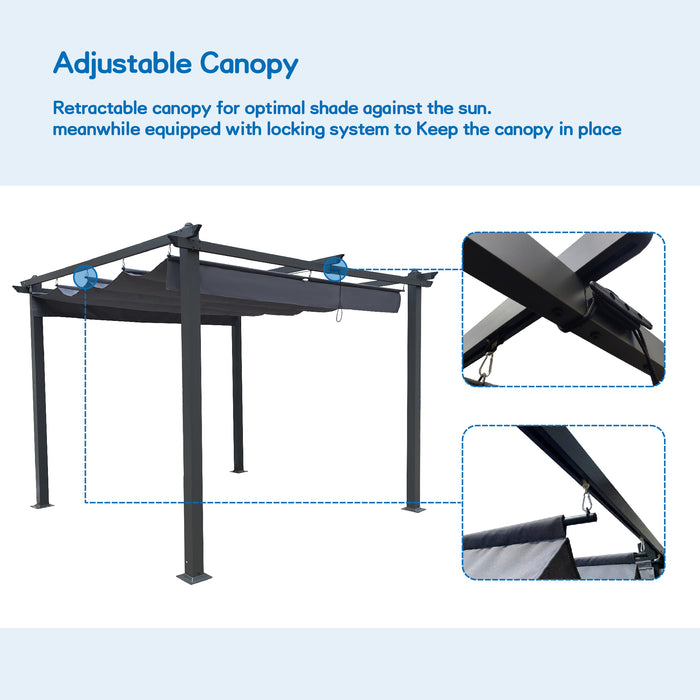 10x10 Ft Outdoor Patio Retractable Pergola With Canopy/Grey