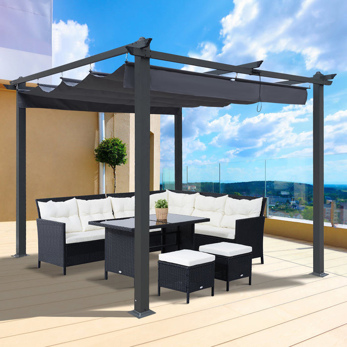 10x10 Ft Outdoor Patio Retractable Pergola With Canopy/Grey