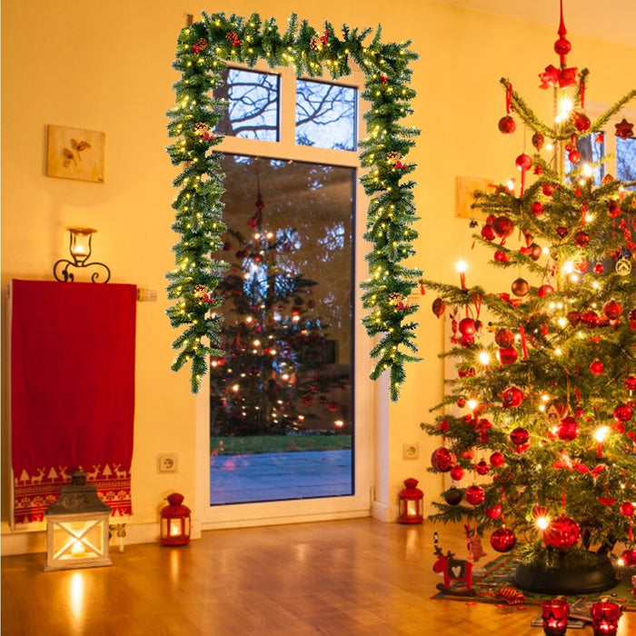 9 Feet Pre Lit Artificial Christmas Garland Red Berries