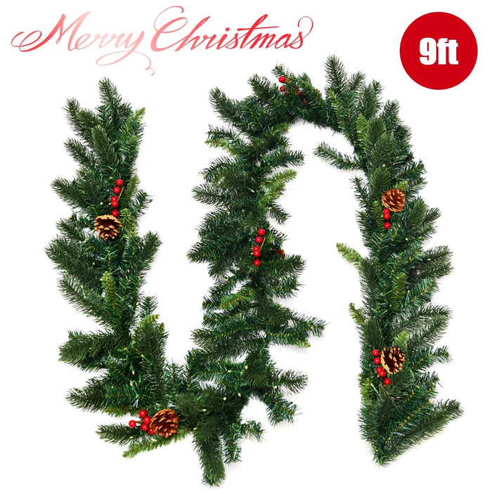 9 Feet Pre Lit Artificial Christmas Garland Red Berries