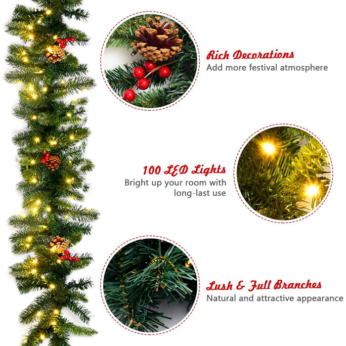 9 Feet Pre Lit Artificial Christmas Garland Red Berries