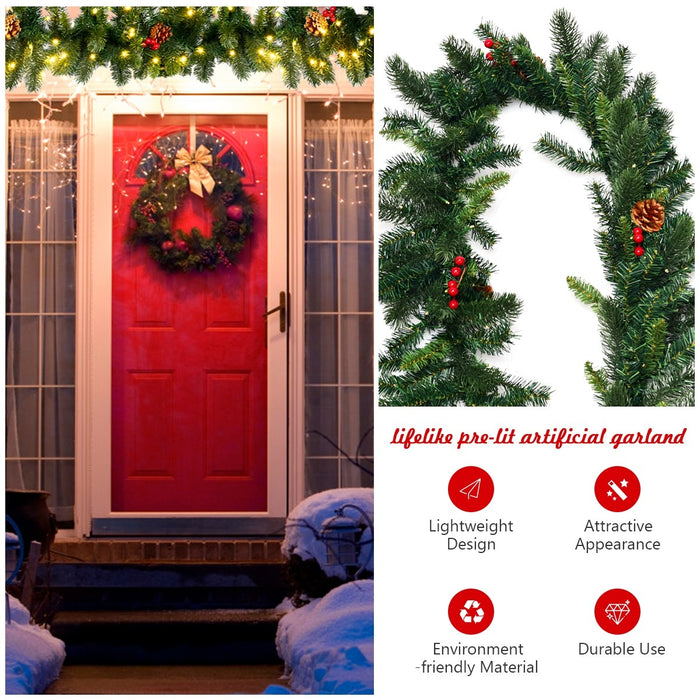9 Feet Pre Lit Artificial Christmas Garland Red Berries