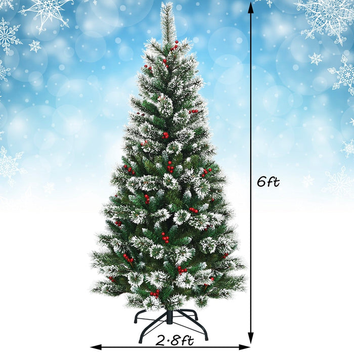 6 Feet Snow Flocked Artificial Christmas Hinged Tree With Red Berries