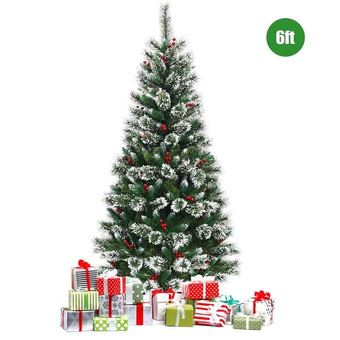 6 Feet Snow Flocked Artificial Christmas Hinged Tree With Red Berries