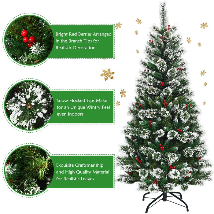 6 Feet Snow Flocked Artificial Christmas Hinged Tree With Red Berries