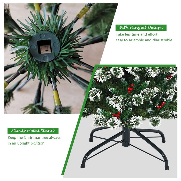 6 Feet Snow Flocked Artificial Christmas Hinged Tree With Red Berries