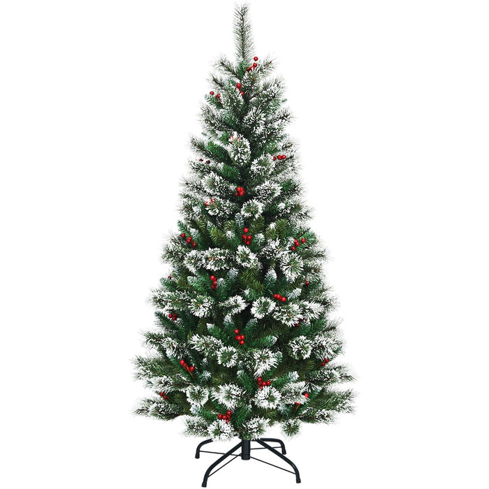 6 Feet Snow Flocked Artificial Christmas Hinged Tree With Red Berries