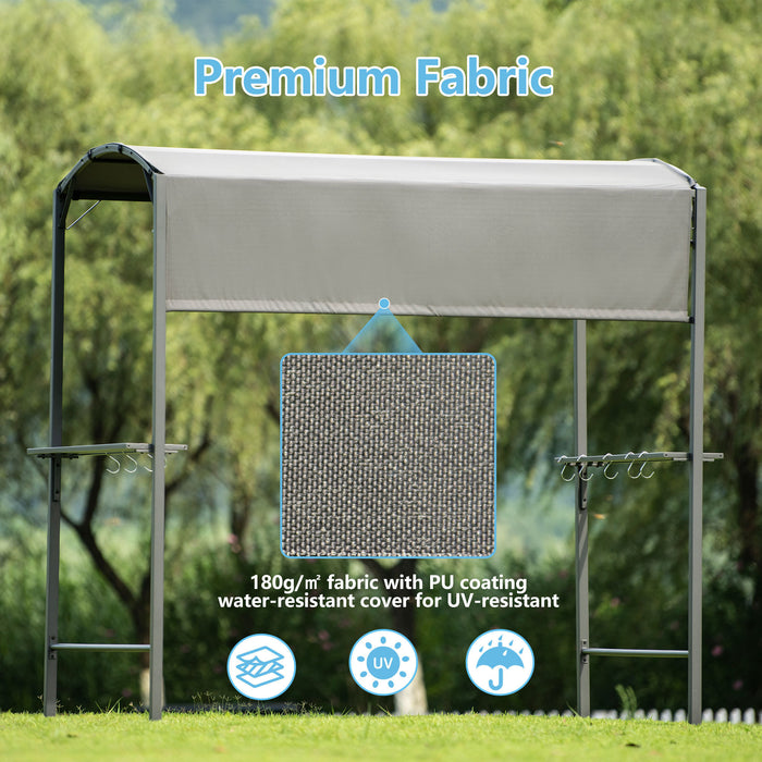 Iron Double Tiered Backyard Patio BBQ Grill Gazebo with Side Awning, Gray