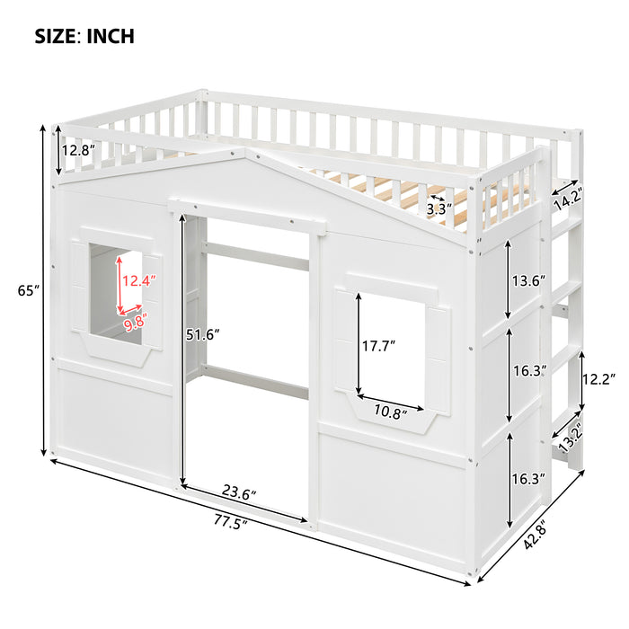 Twin Size House Loft Bed With Ladder/White