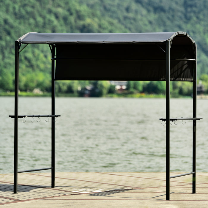 Iron Double Tiered Backyard Patio BBQ Grill Gazebo with Side Awning, Gray