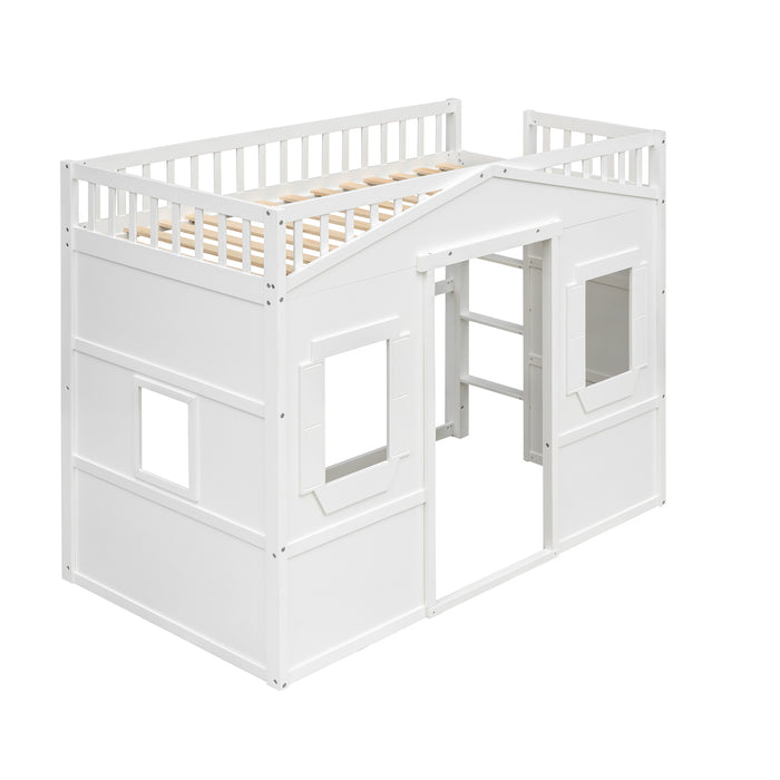 Twin Size House Loft Bed With Ladder/White