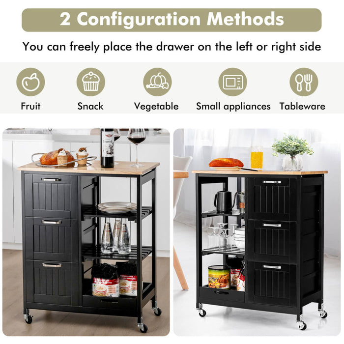 Rolling Kitchen Island Utility Storage Cart with 3 Large Drawers/Black