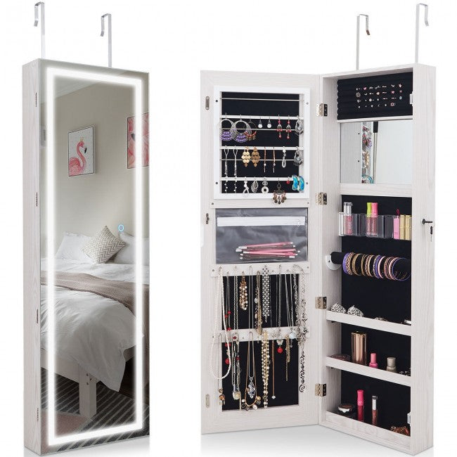 Door Wall Mount Jewelry Cabinet with Touch Screen Mirror/White