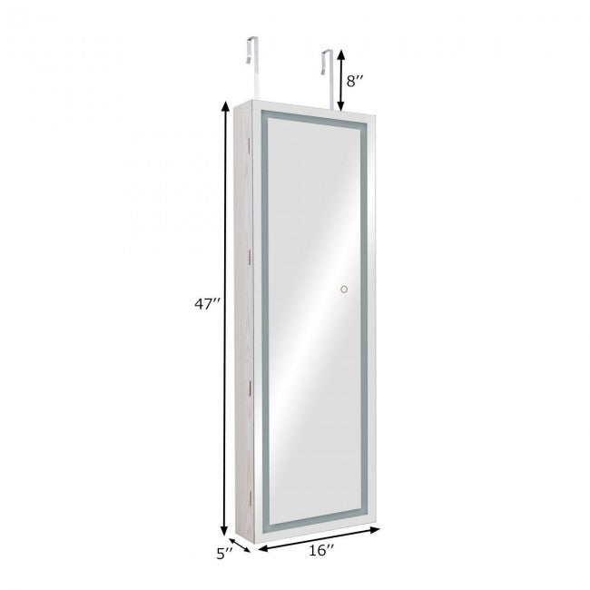 Door Wall Mount Jewelry Cabinet with Touch Screen Mirror/White