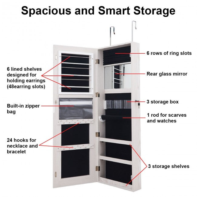 Door Wall Mount Jewelry Cabinet with Touch Screen Mirror/White