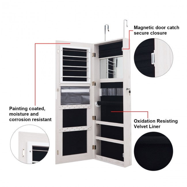 Door Wall Mount Jewelry Cabinet with Touch Screen Mirror/White