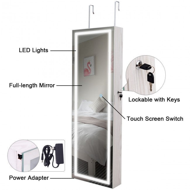 Door Wall Mount Jewelry Cabinet with Touch Screen Mirror/White