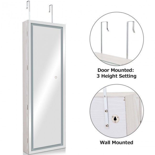 Door Wall Mount Jewelry Cabinet with Touch Screen Mirror/White