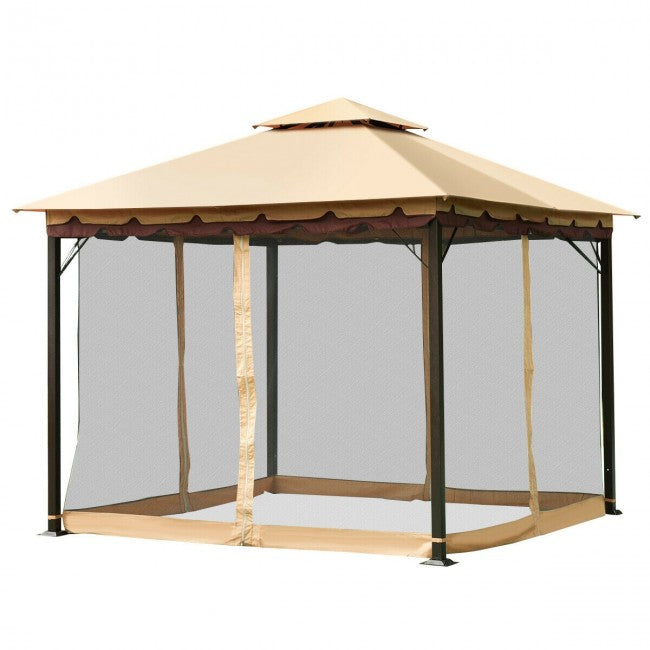 2 Tier 10 x 10 Feet Patio Steel Gazebo Canopy/ Brown