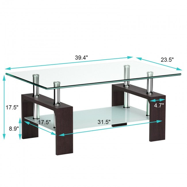 Rectangular Tempered Glass Coffee Table with Shelf/Black