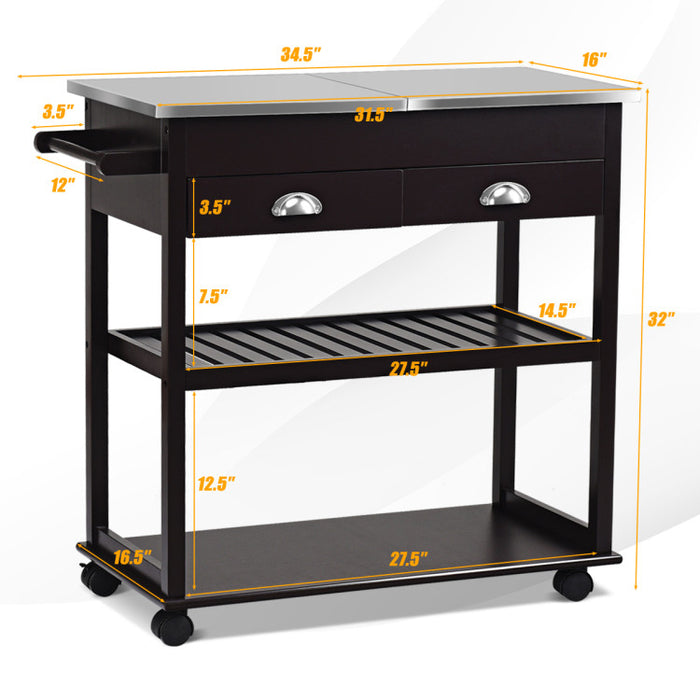 Kitchen Island Cart  wIth Stainless Steel Flip Top/Dark Brown