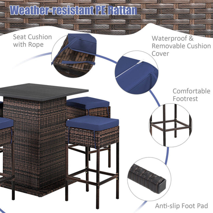 5 Pieces Patio Rattan Cushioned Bar Furniture Set/Navy
